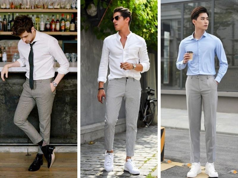 Phối đồ với áo sơ mi và quần tây cùng với giày Jordan cổ cao nam