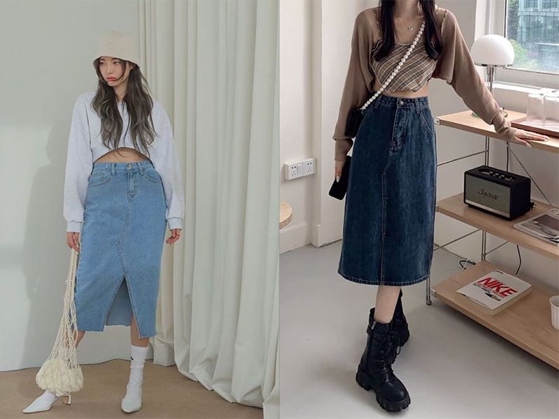 Chân váy jean dài phối với áo gì? 15+ Cách mix đồ với chân váy jean