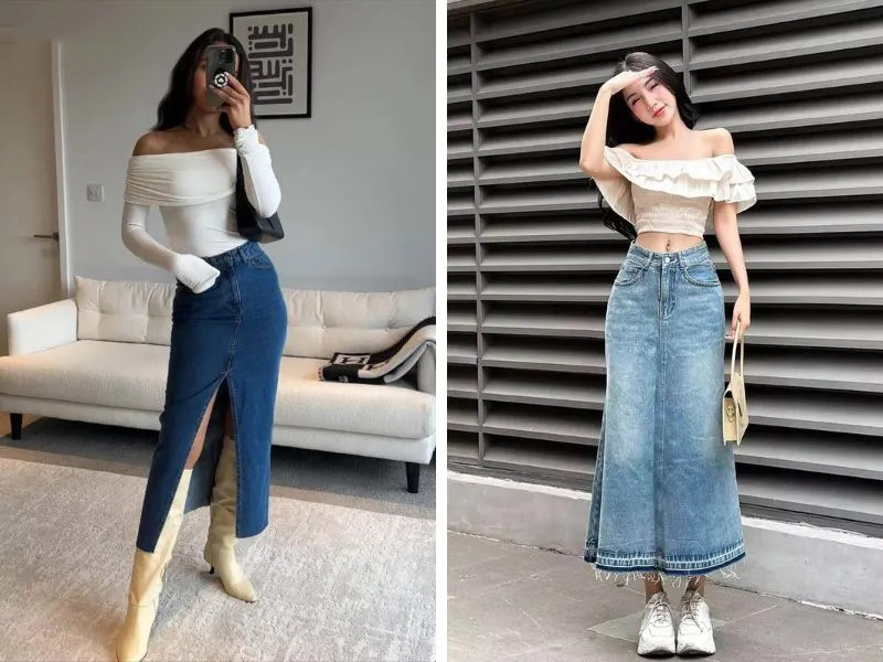 Chân váy jean dài phối với áo gì? 15+ Cách mix đồ với chân váy jean