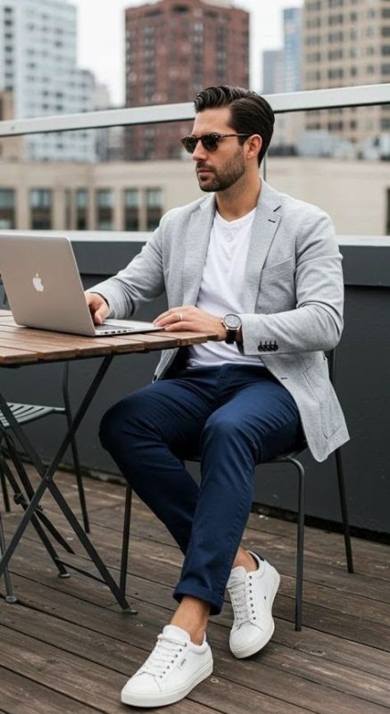 Blazer xám nhạt với áo thun trắng và quần jeans