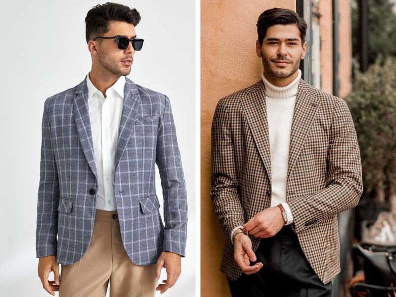 Blazer họa tiết caro với áo len cổ lọ và quần tây