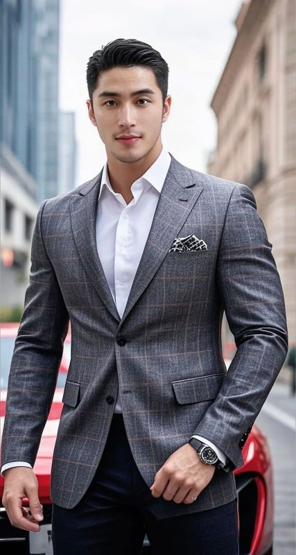 Blazer caro với áo sơ mi trắng và quần jeans đen