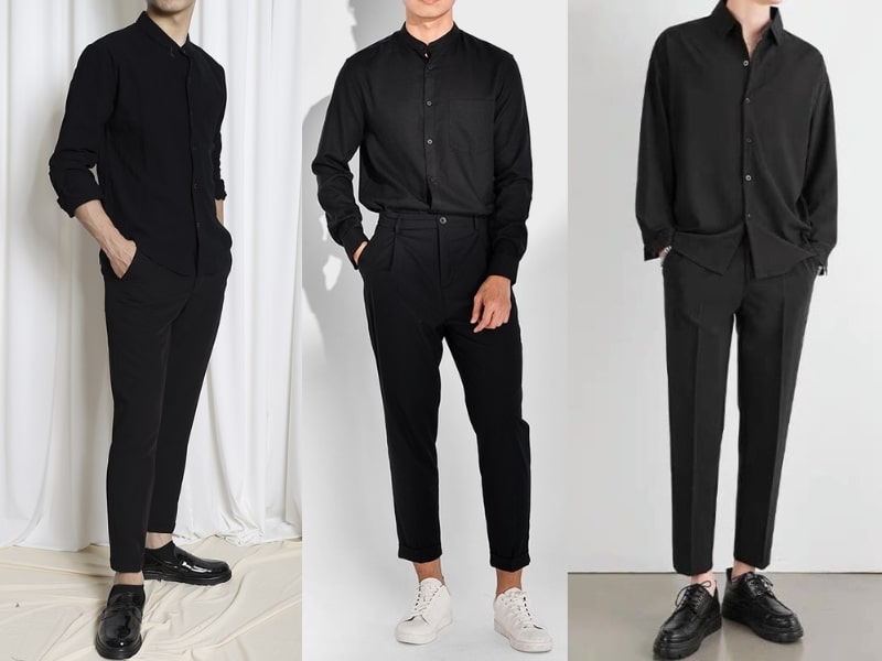 Outfit tông đen với áo sơ mi đen
