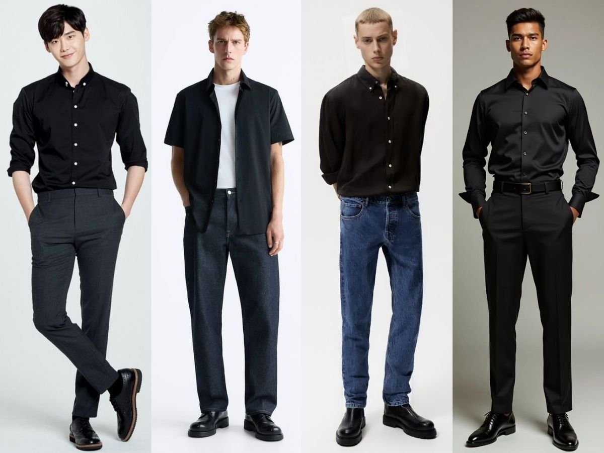 Phối đồ áo sơ mi đen với quần jeans
