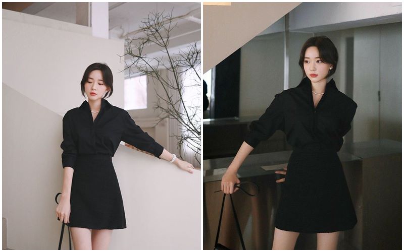 Phối đồ áo sơ mi đen với váy ngắn cho nữ
