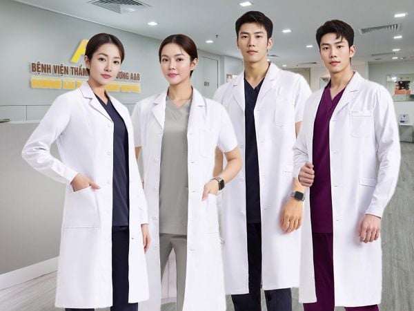 Áo blouse trắng truyền thống kết hợp với bộ Scrubs cổ tim