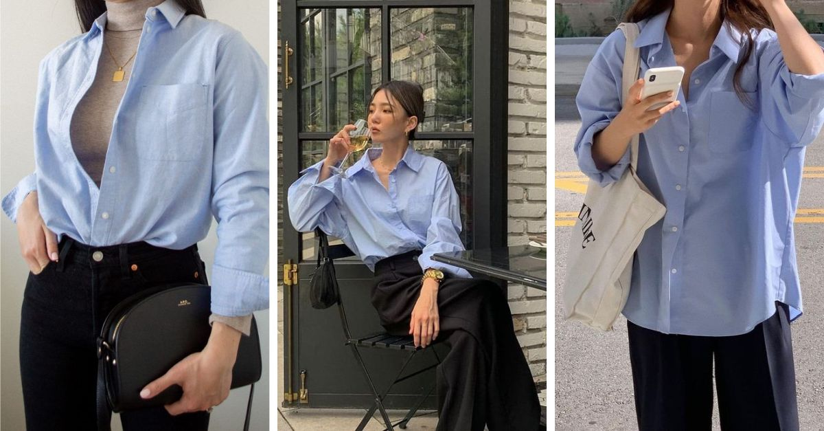 Phối áo sơ mi xanh cổ nơ với quần tây đen