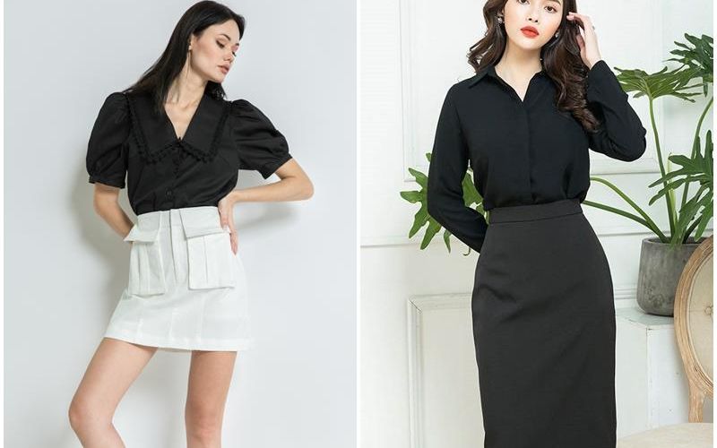 Phối áo sơ mi đen với váy ngắn hoặc quần short