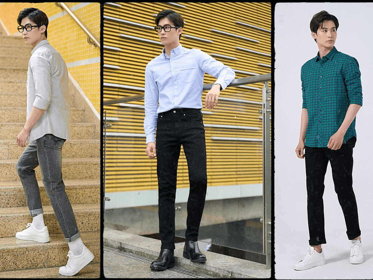 Phối đồ áo sơ mi đen với quần jeans cho nam