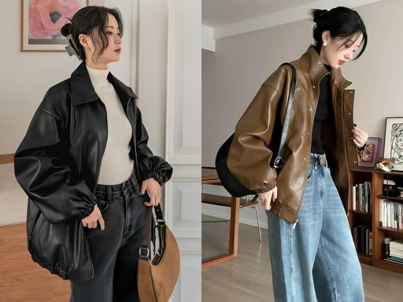 Phối áo khoác da nữ với boots