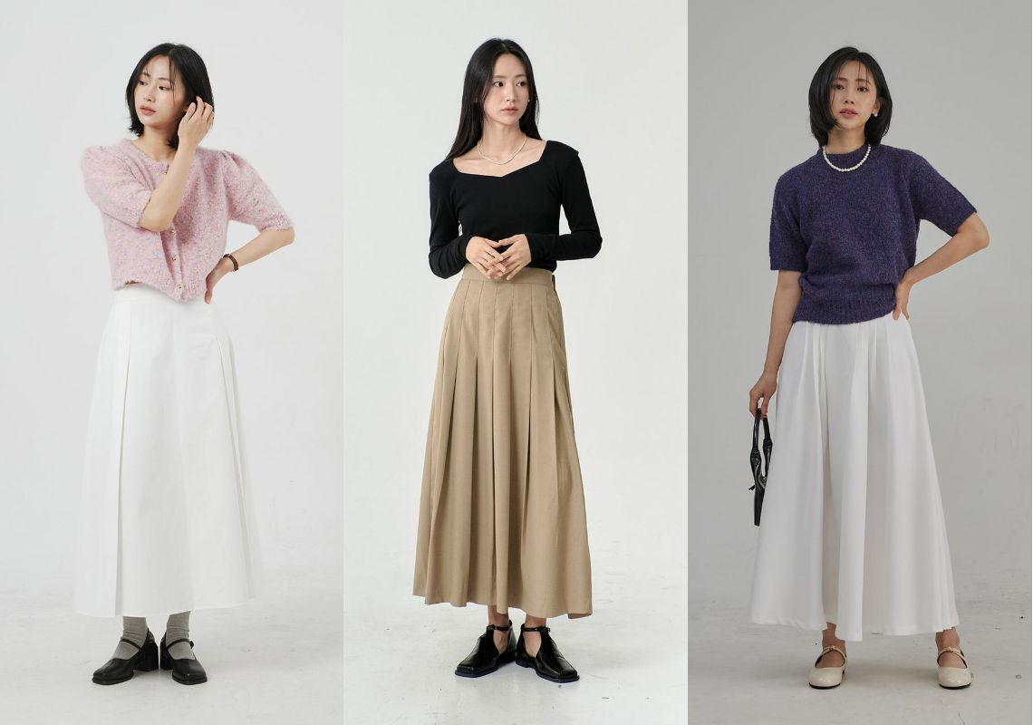 Phối đồ với chân váy xếp ly dài màu đen cùng áo thun