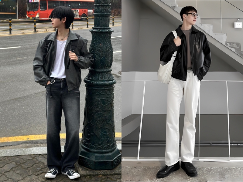 phối đồ áo khoác da nam cùng boots