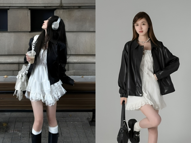 Mix áo khoác da với đầm hoa