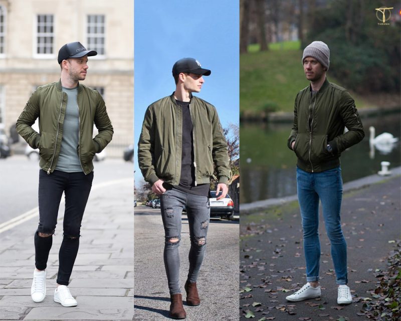 phối đồ áo bomber nam với quần skinny jeans
