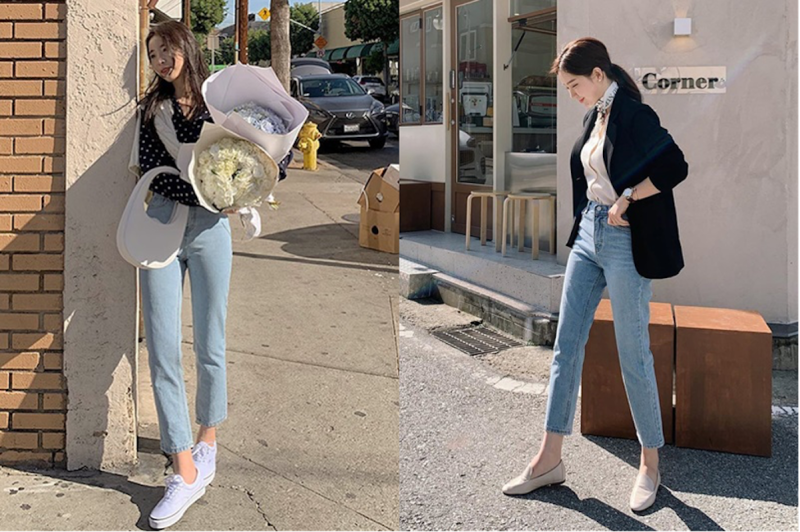 phối giày thể thao với quần jean nữ ống đứng