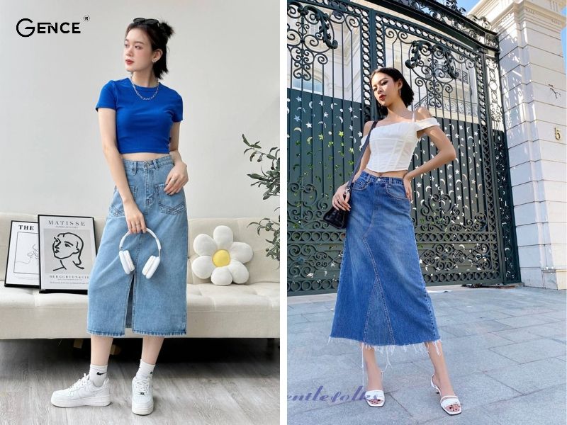 phối áo croptop với chân váy jean thanh lịch