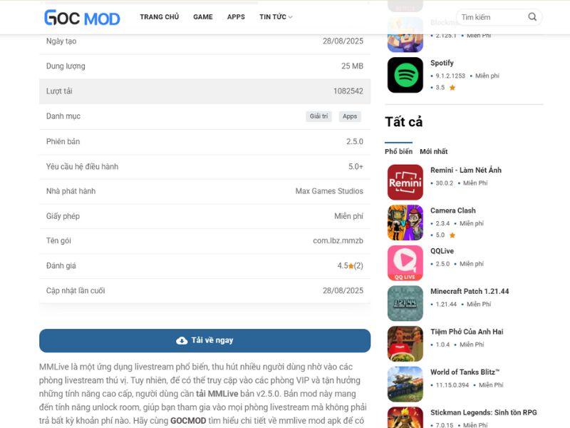 Bước 2: Tải File APK MMLive