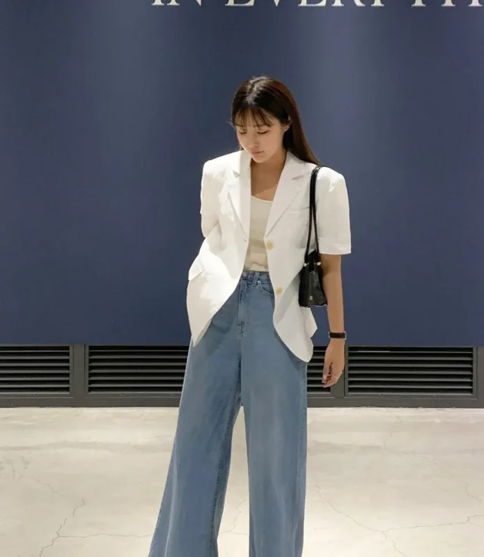 cách phối áo blazer với quần ống rộng gợi cảm