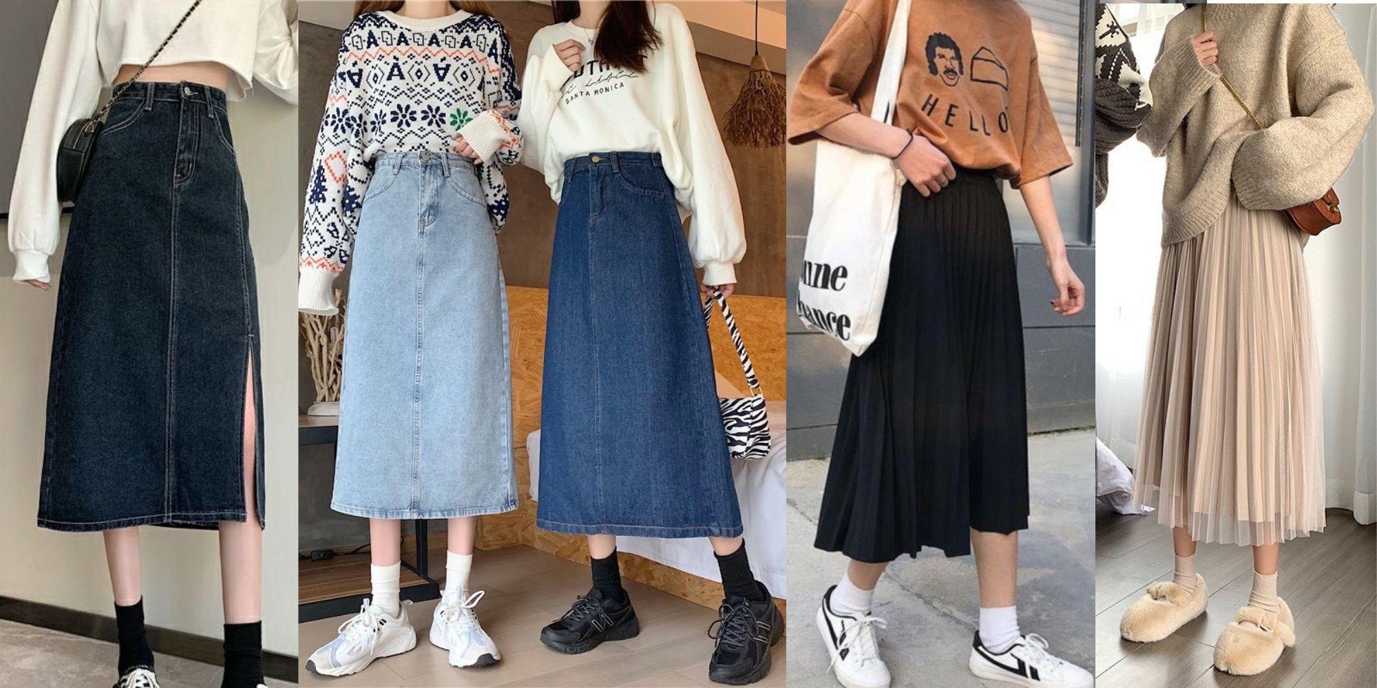 Chân váy suông dài phối với giày sneaker