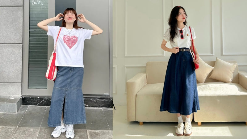 Chân váy jean dài phối đồ công sở thanh lịch