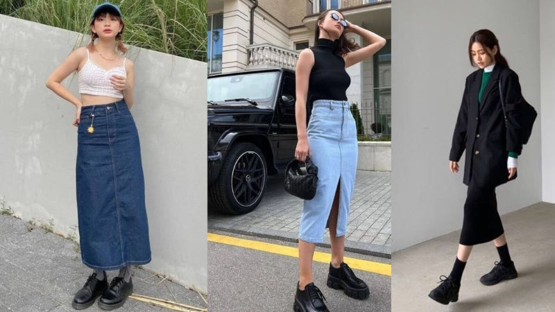 Phối chân váy jean dài với sandal ngày hè