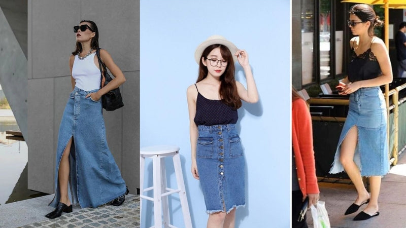 Chọn chân váy jean dài cho người thấp bé