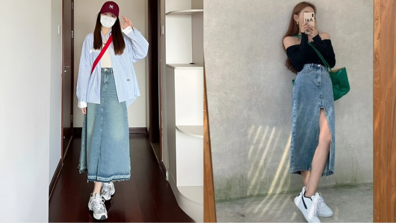 Phối chân váy jean dài với áo croptop cá tính