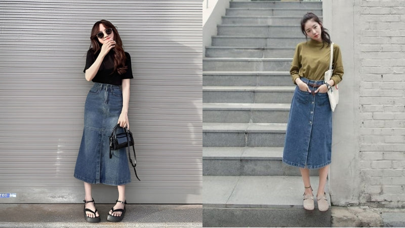 Phối đồ chân váy jean dài mùa đông ấm áp