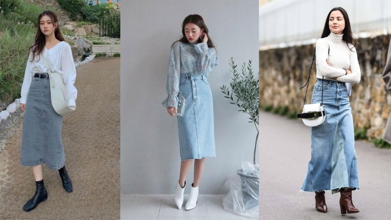 Mix chân váy jean dài với áo hai dây quyến rũ