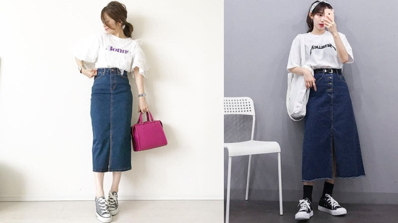 Chân váy jean dài mang giày sneaker năng động