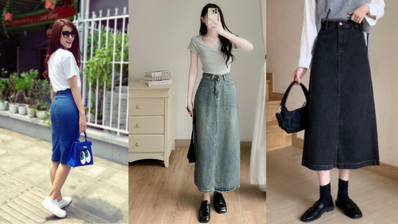 Chân váy jean dài mang giày boots cá tính