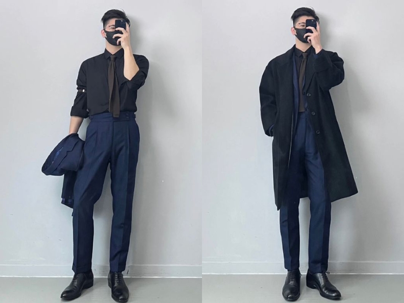 Phối áo thun đen nam với quần khaki màu be