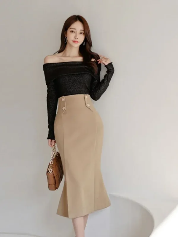 Phối đồ với chân váy đuôi cá dài đi tiệc cùng áo trễ vai