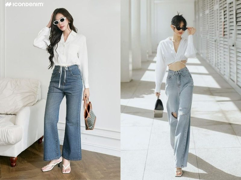 quần jeans ống loe phối áo sơ mi