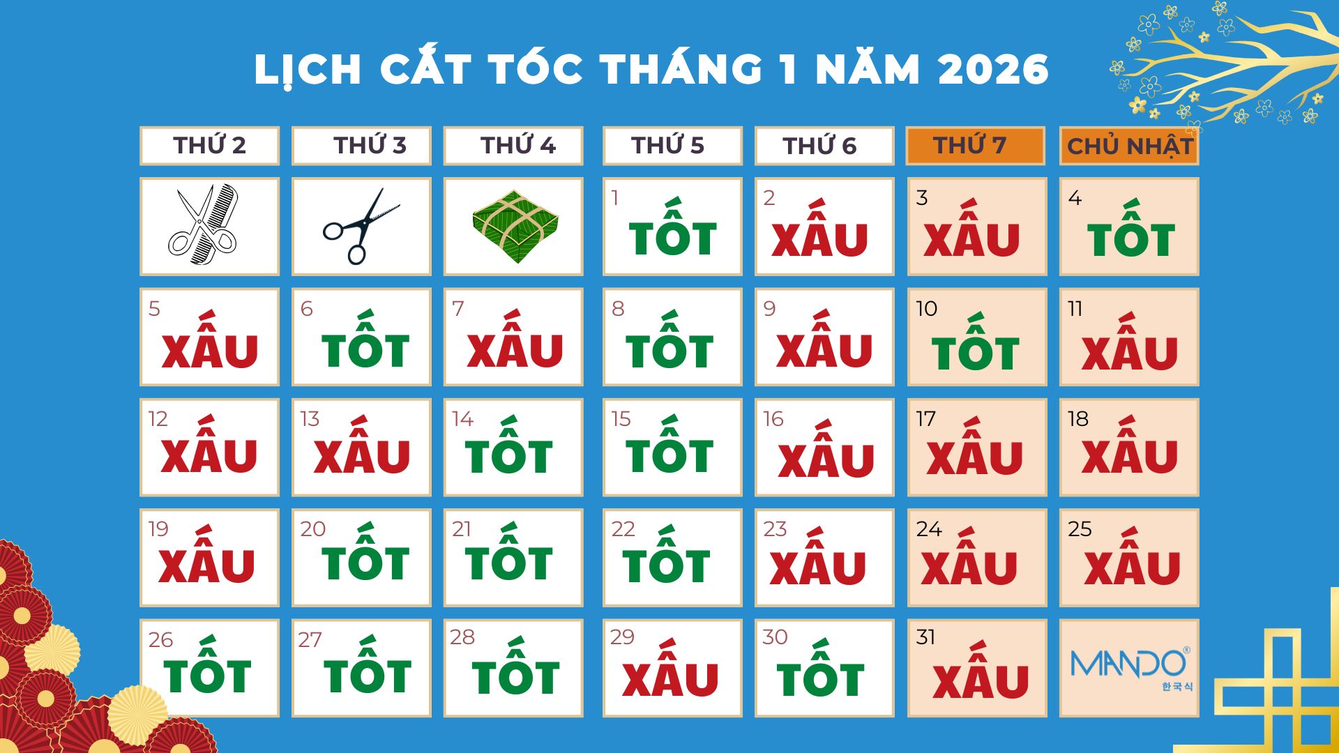 Lịch cắt tóc tốt tháng 1 2026