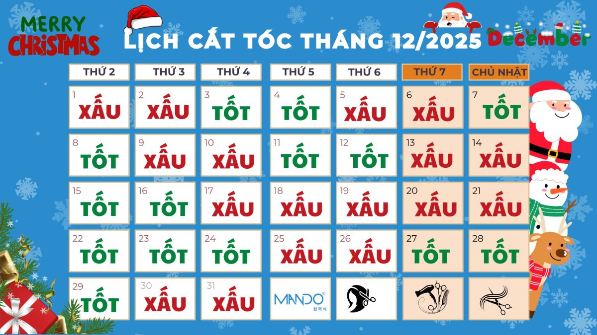 lịch cắt tóc tháng 12 2025
