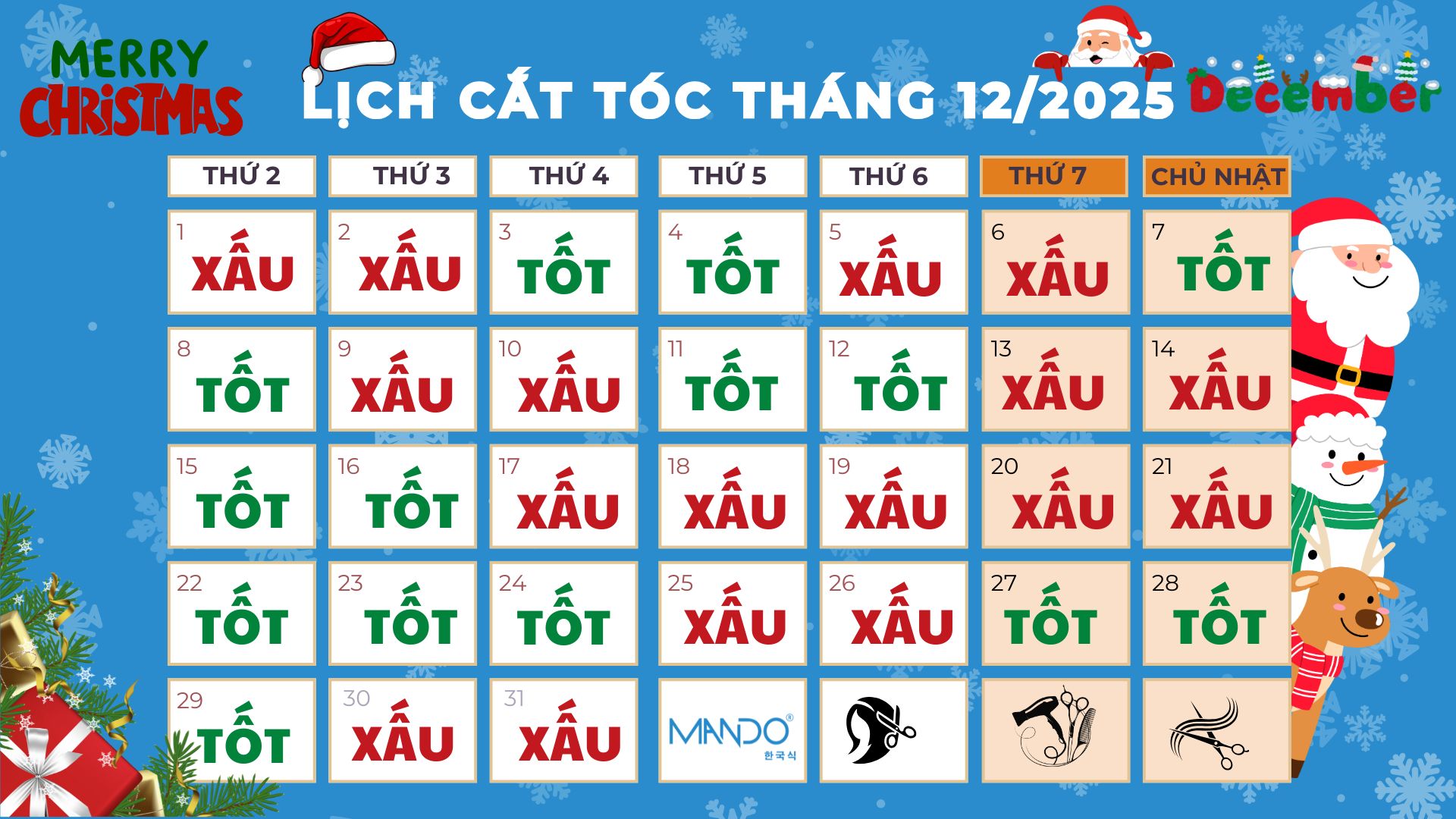 lịch cắt tóc tháng 12 2025