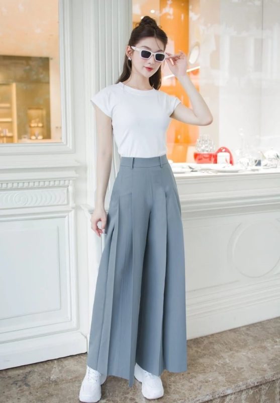 Quần giả váy dài công sở phối với áo sơ mi