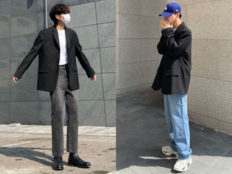 phối áo blazer với quần jean ống rộng