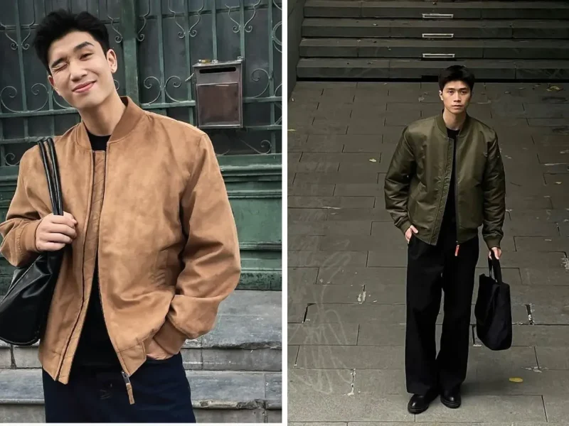 cách phối đồ với áo bomber nam màu xanh