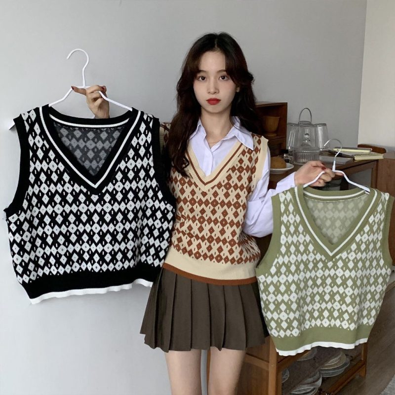 phối áo gile len với quần jean ống rộng