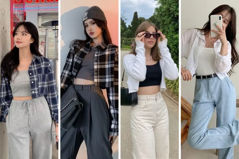 phối croptop với áo sơ mi khoác ngoài