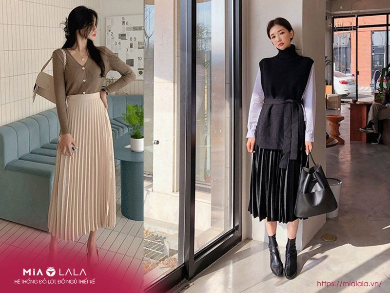 Phối đồ chân váy xếp ly đen dài và áo croptop