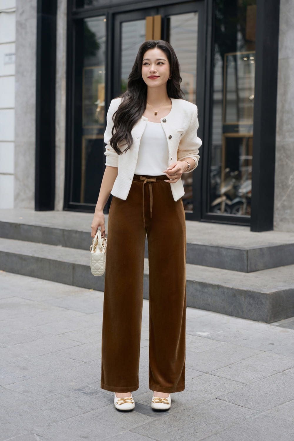 quần nhung nâu phối áo màu trắng
