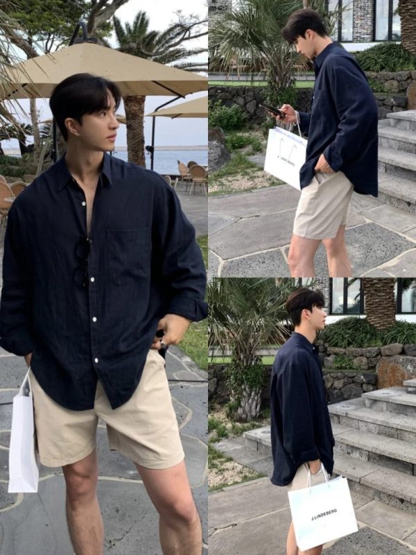 quần short jean nam phối áo sơ mi