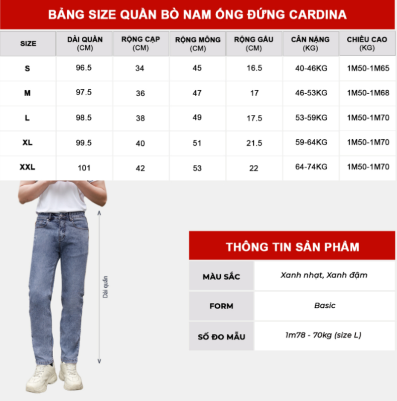 bảng size quần jean cho nam 70kg mặc quần size gì