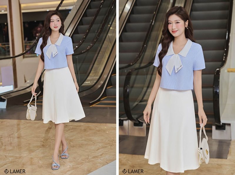 Áo croptop mặc với chân váy xòe dài