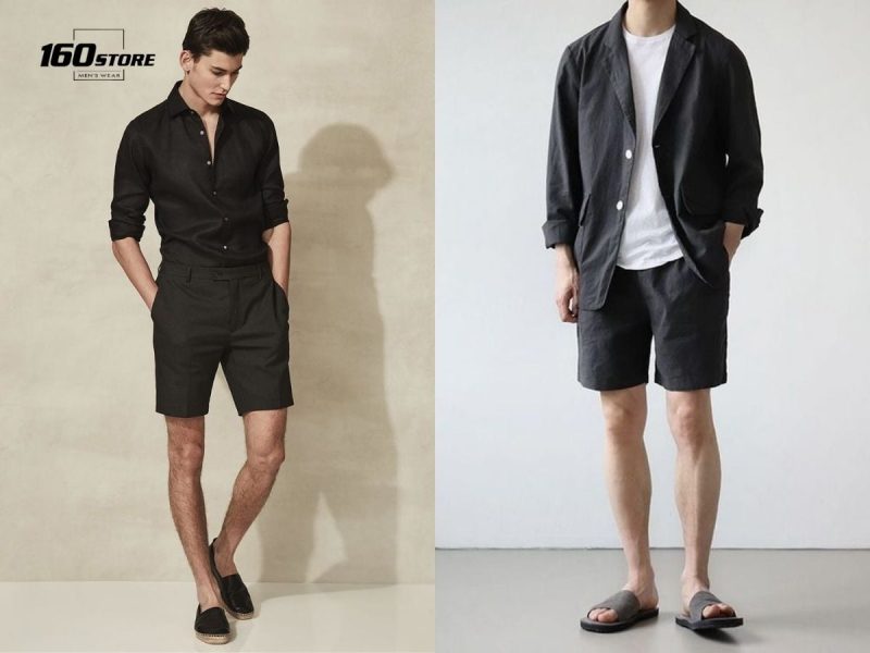 phối áo sơ mi đen với quần short năng động