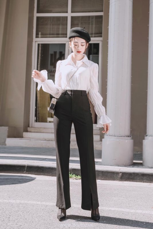 phối đồ với áo sơ mi tay dài nữ và quần ống loe