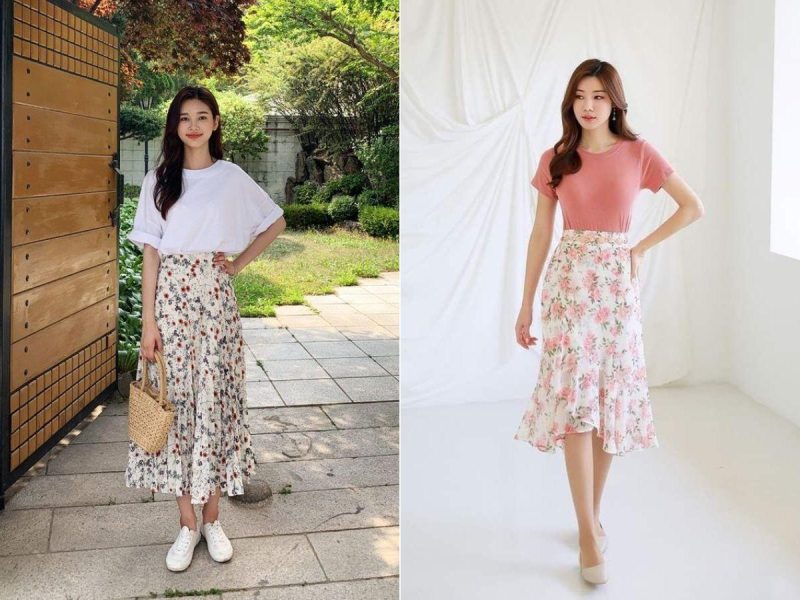 mix chân váy hoa nhí với áo thun
